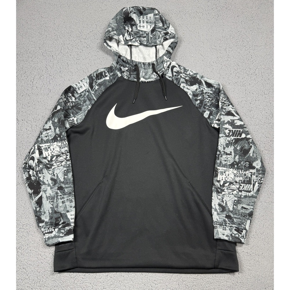 Nike Dri-FIT Hoodie Mens‎ XL Black Graphic Sleeve Pullover Fleece Swoosh Logo